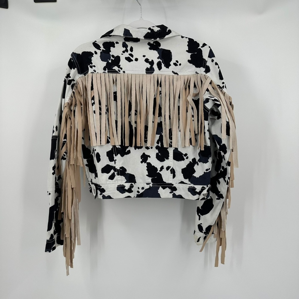 Women Western Cowprint Jacket Size S Fringe Rodeo Statement Cropped Bold Cowgirl - Picture 2 of 8
